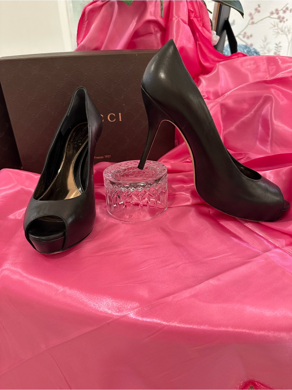 Gucci Black Leather Peep-Toe Stiletto Heels” 3”